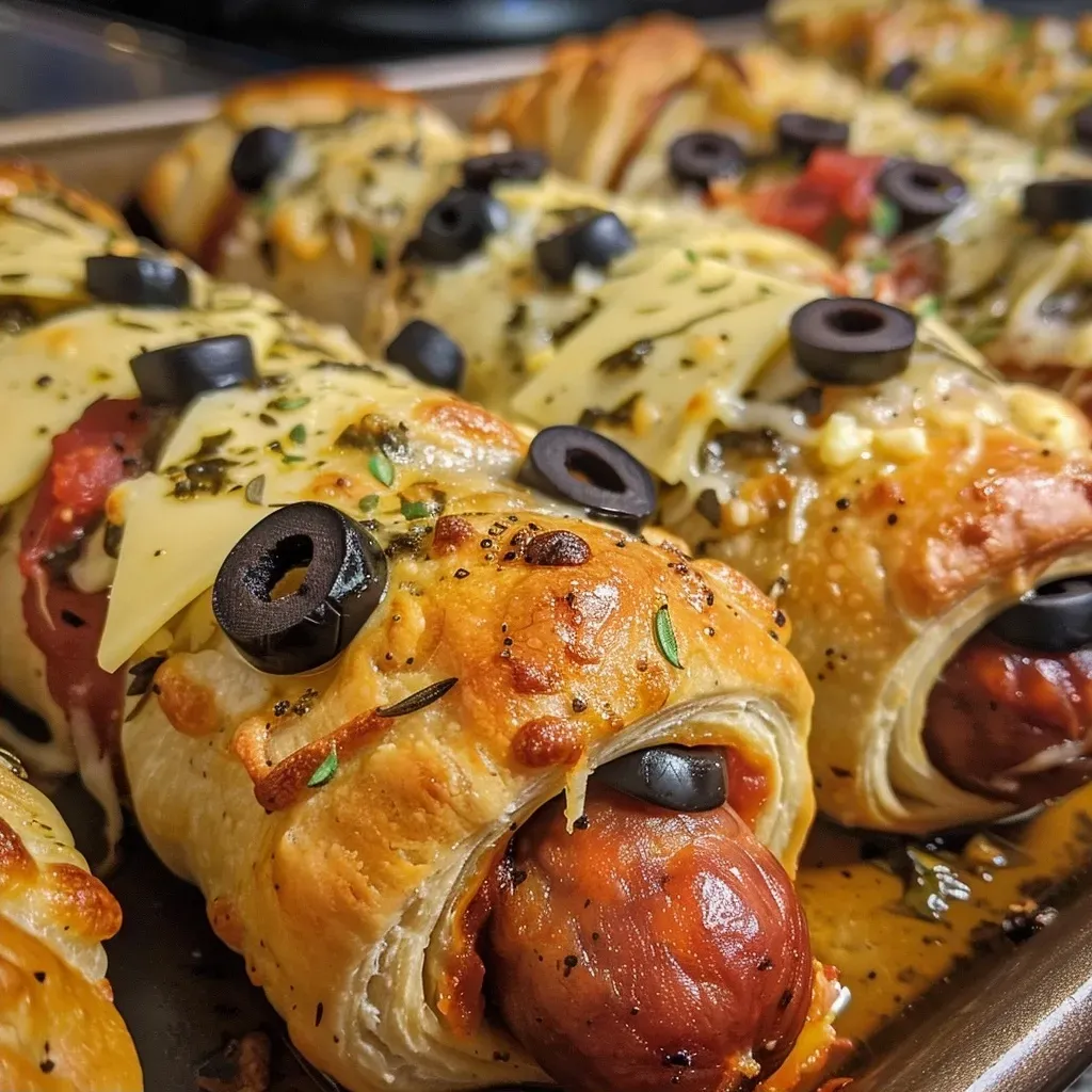 Primer plano de Mummy Dogs de pollo listos para servir.