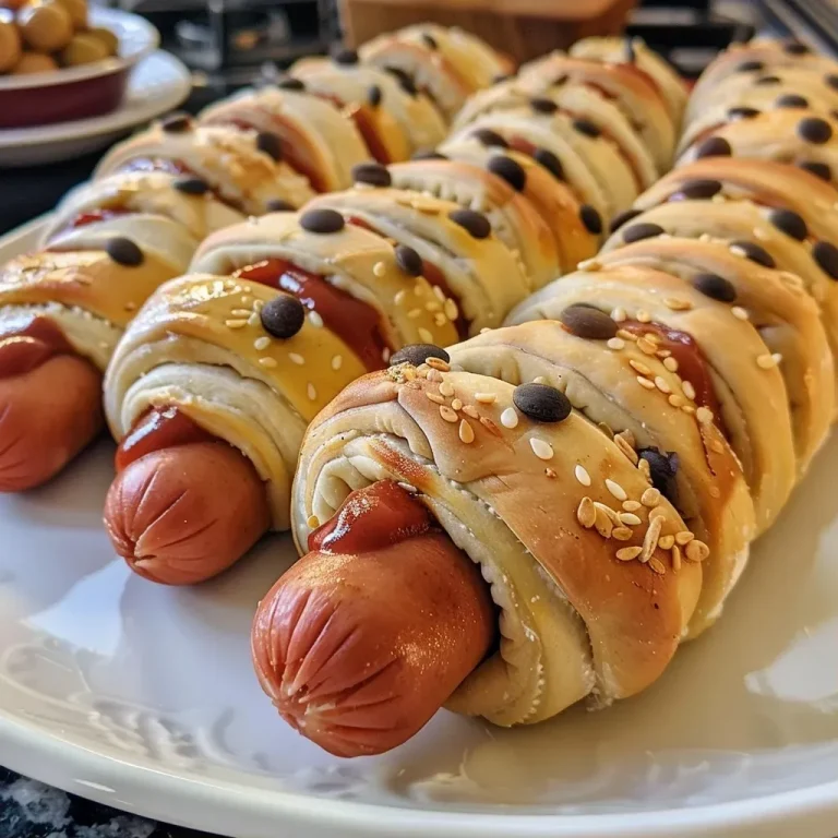 Mummy Hot Dogs bien decorados con ojos y envoltura de masa.