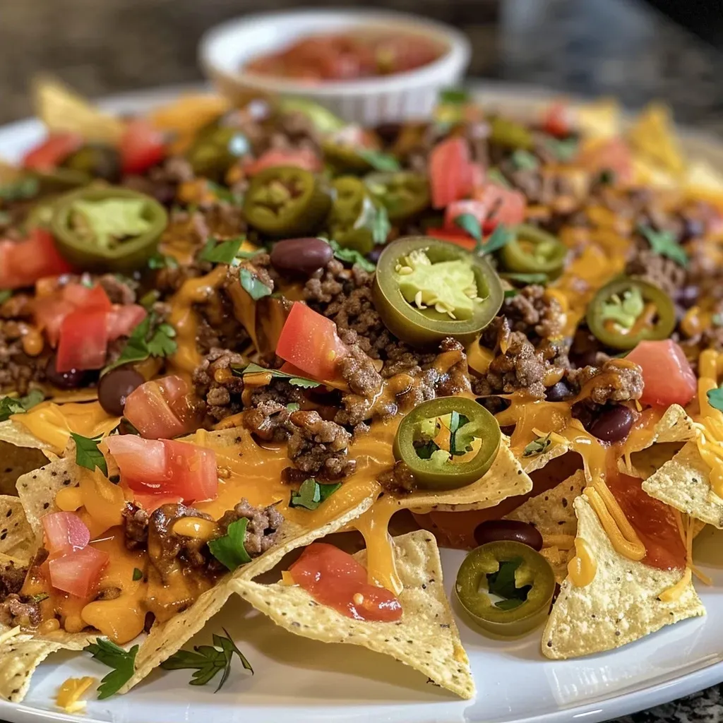 Primer plano de nachos con toppings variados.
