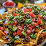 Nachos vegetarianos cargados con ingredientes frescos y coloridos.