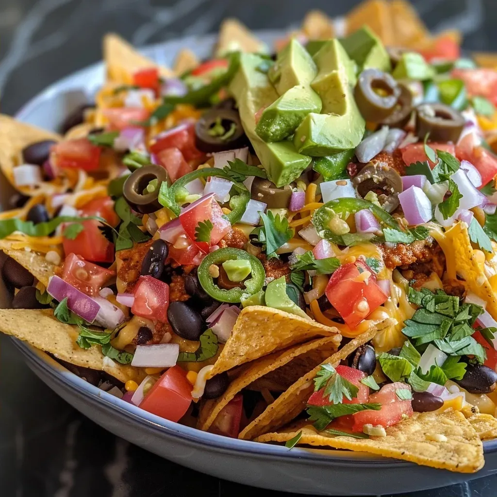 Vista lateral de nachos vegetarianos con toppings variados.