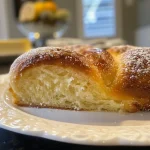 Pan de muerto recién horneado, vista lateral mostrando su textura esponjosa.