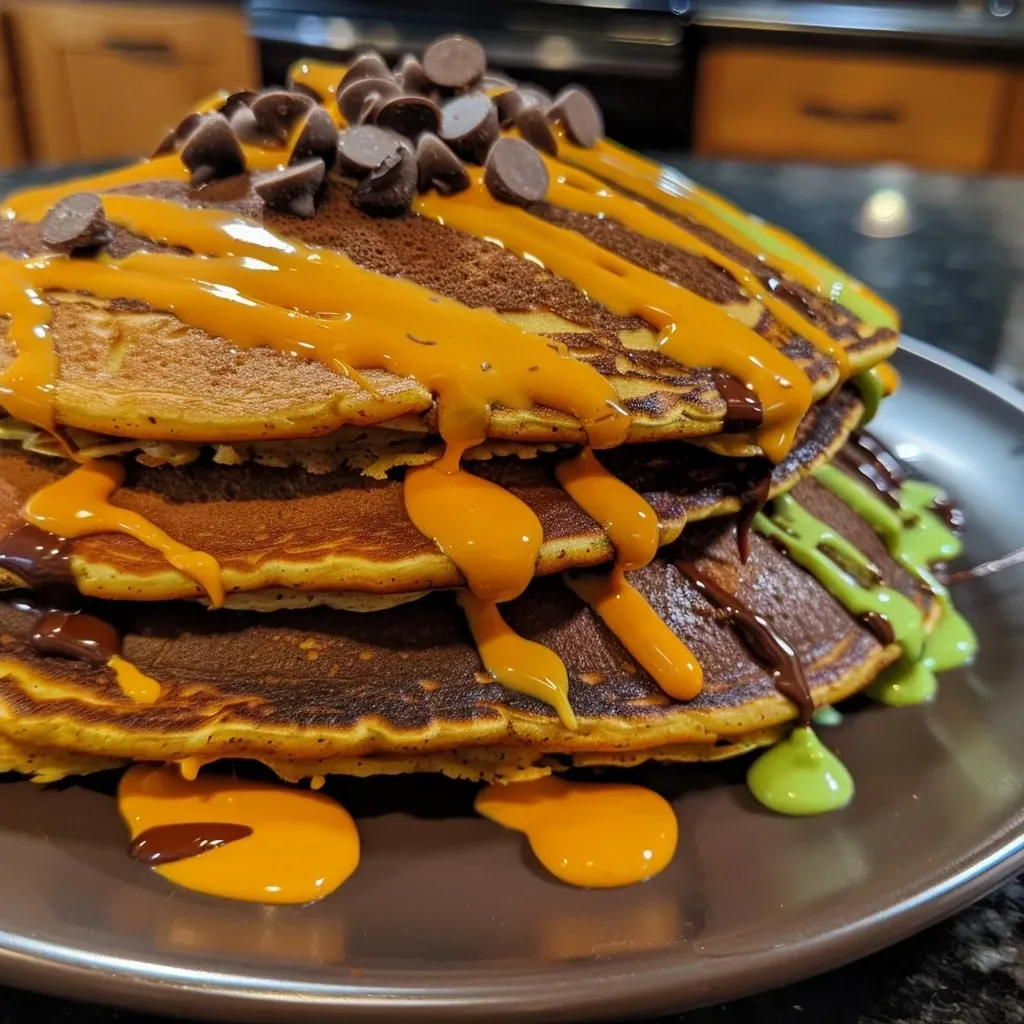 Vista lateral de pancakes con forma de calabaza sonriente.