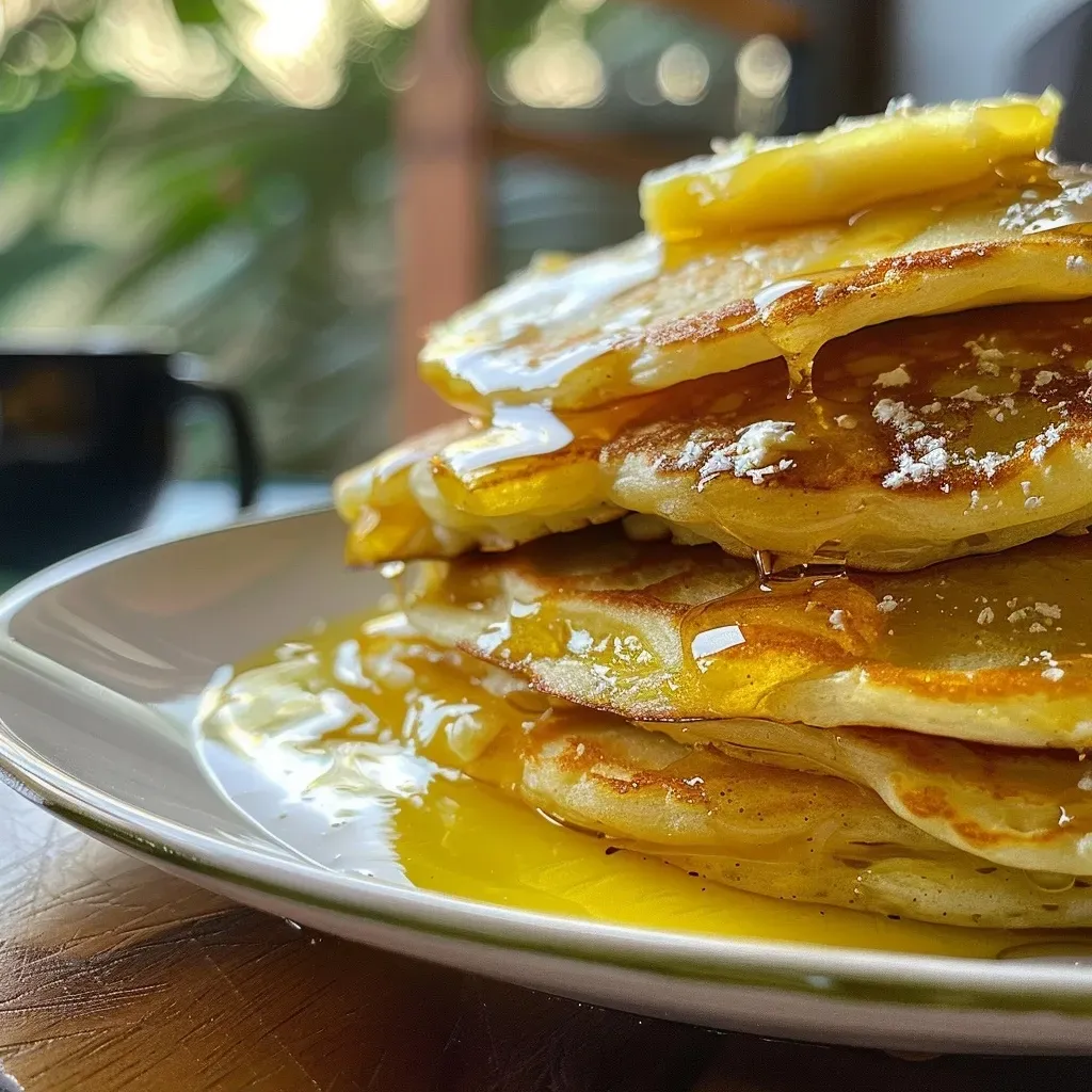 Vista lateral de pancakes con trozos de manzana y espolvoreados con canela.