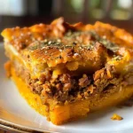 Pastel de calabaza y carne, vista lateral, jugoso y apetitoso.
