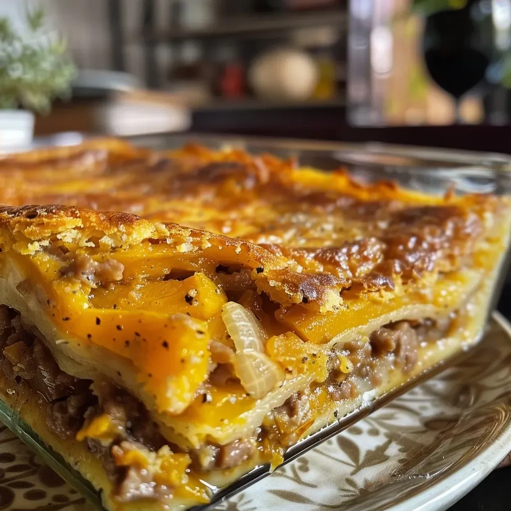 Close-up de un pastel de calabaza y carne, con ingredientes visibles.
