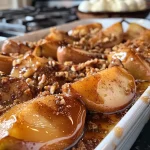 Peras al horno con canela y nueces en un plato.