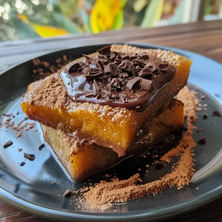 Postre de calabaza y chocolate con textura jugosa.
