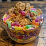 Tazón de pudín con galletas trituradas y decoraciones de Halloween.