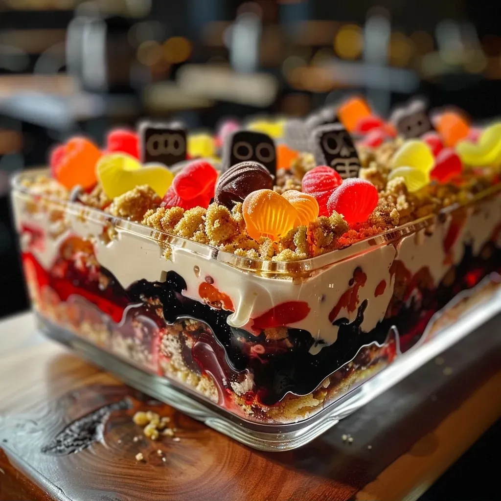 Copas de pudín estilo cementerio con dulces y galletas.