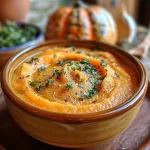 Puré de calabaza con nata servido en un plato blanco.