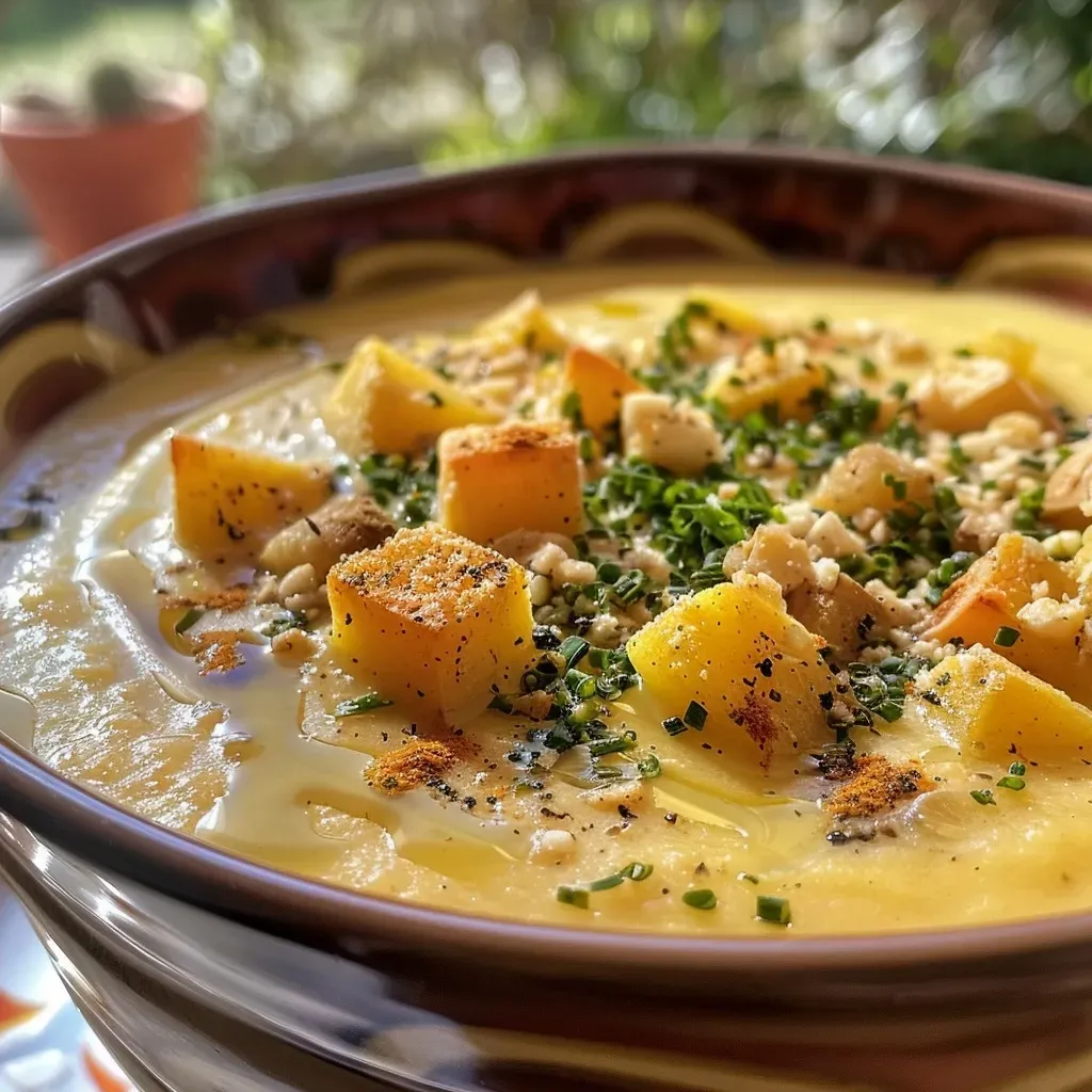 Primer plano de puré de calabaza con un toque de nata.