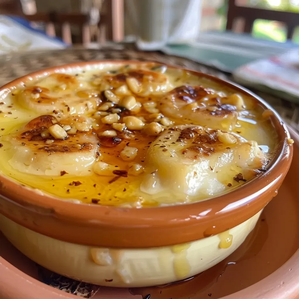 Ración de queso de cabra al horno con ingredientes decorativos.