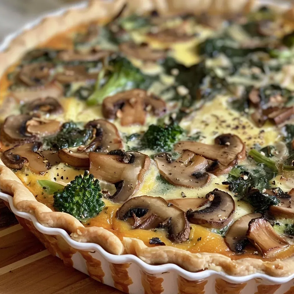 Vista lateral de quiche jugoso con ingredientes frescos.