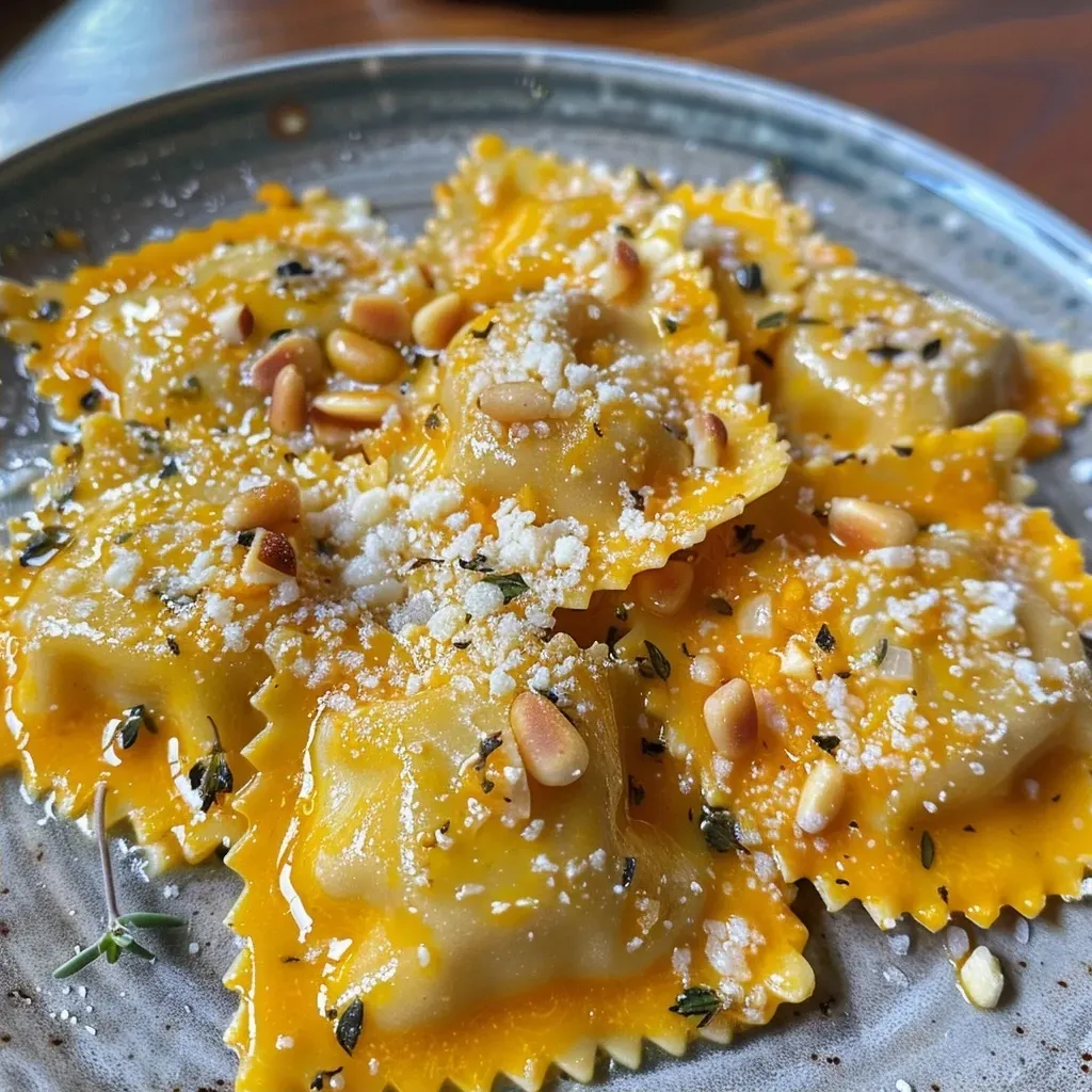 Close-up de ravioles de calabaza con salsa cremosa.