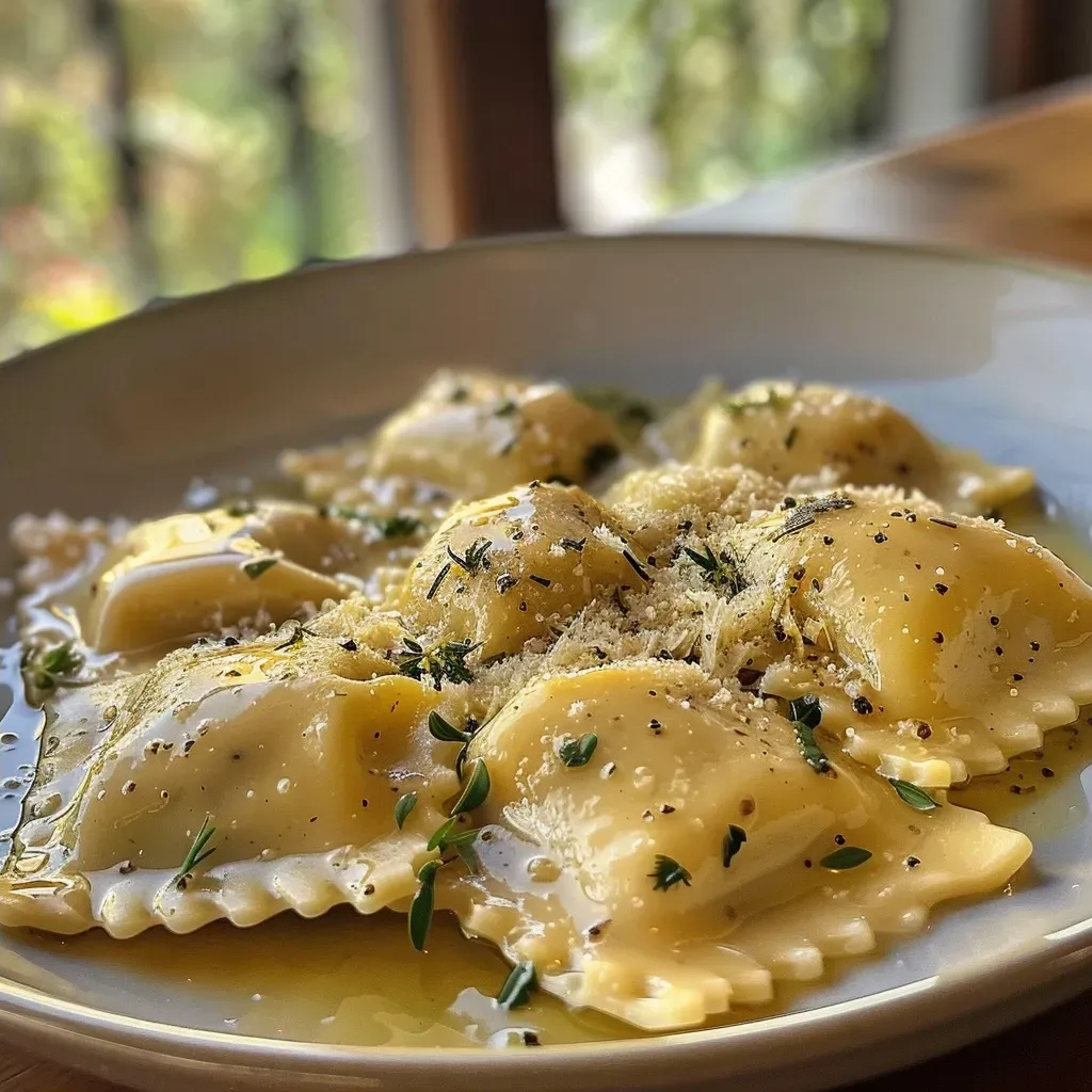 Primer plano de ravioli de castaña con salsa en un plato.
