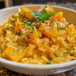 Risotto de calabaza presentado en un plato.