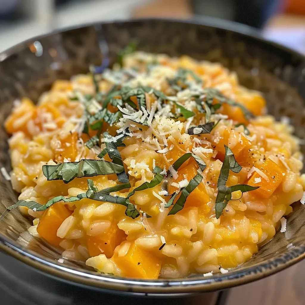 Primer plano de un risotto de calabaza con una textura cremosa.