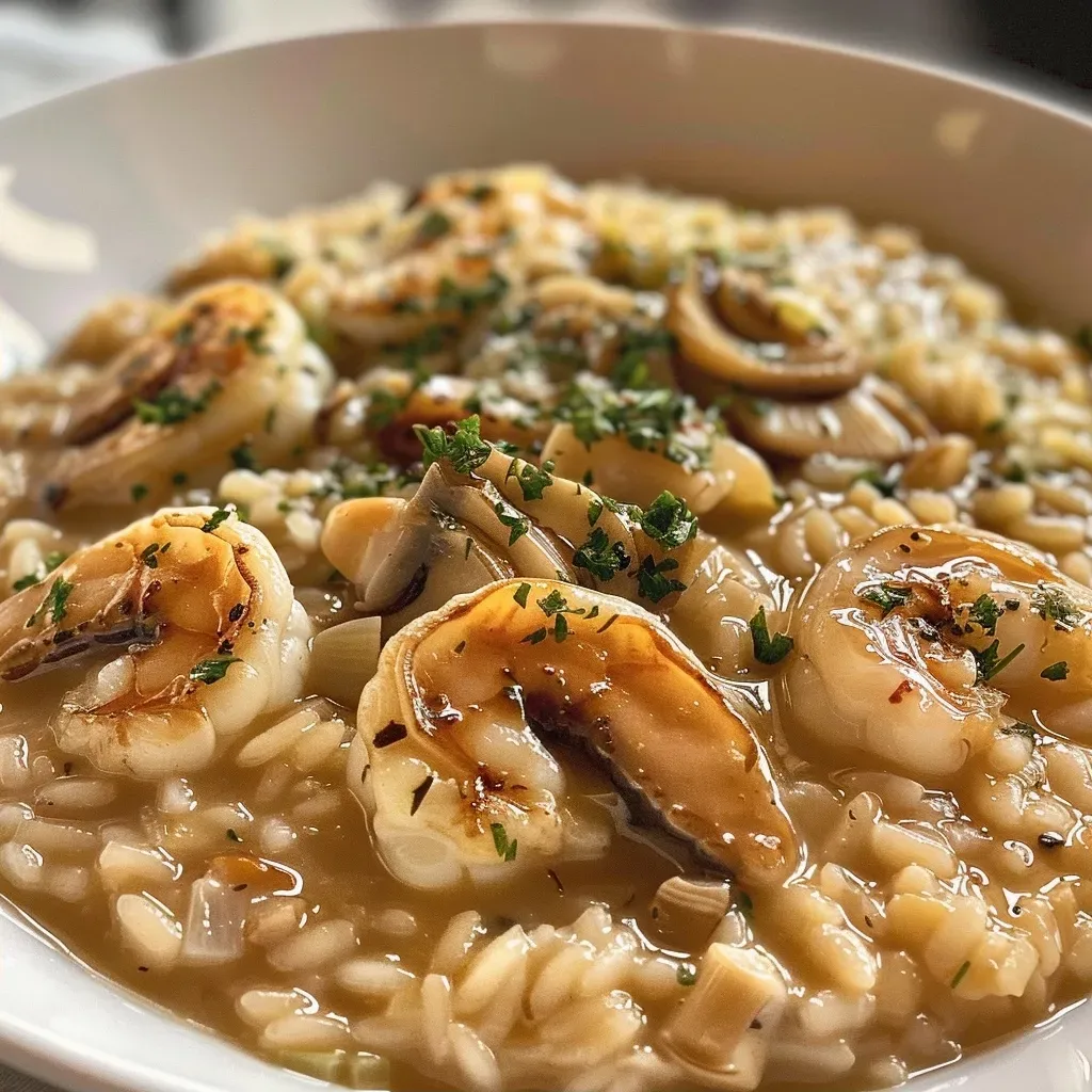 Primer plano de un risotto negro cremoso con ingredientes frescos.