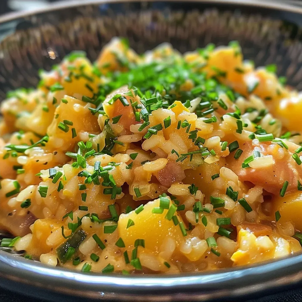 Detalle de un risotto de papa y puerro, con ingredientes frescos visibles.