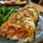 Roll de calabacín relleno de salmón ahumado y queso crema.
