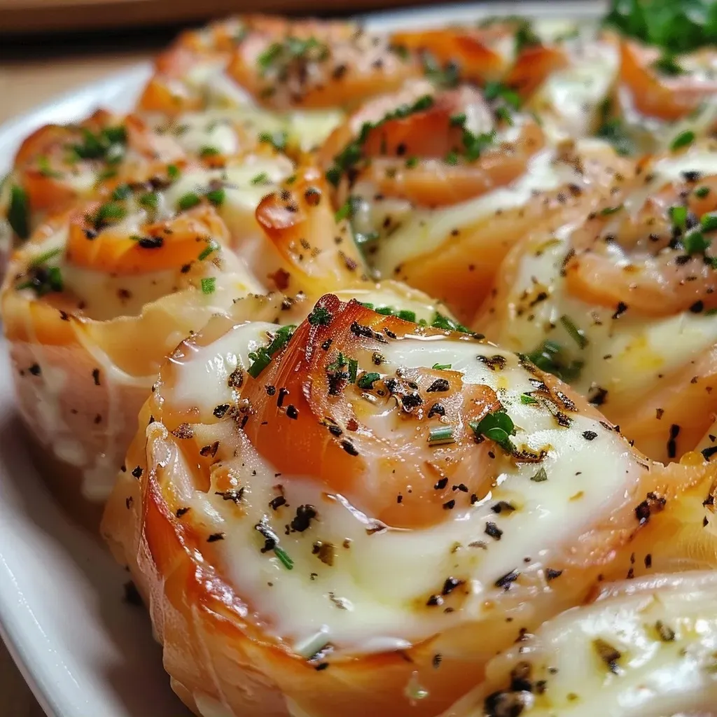 Close up de un rollo de calabacín con salmón ahumado y aceitunas.