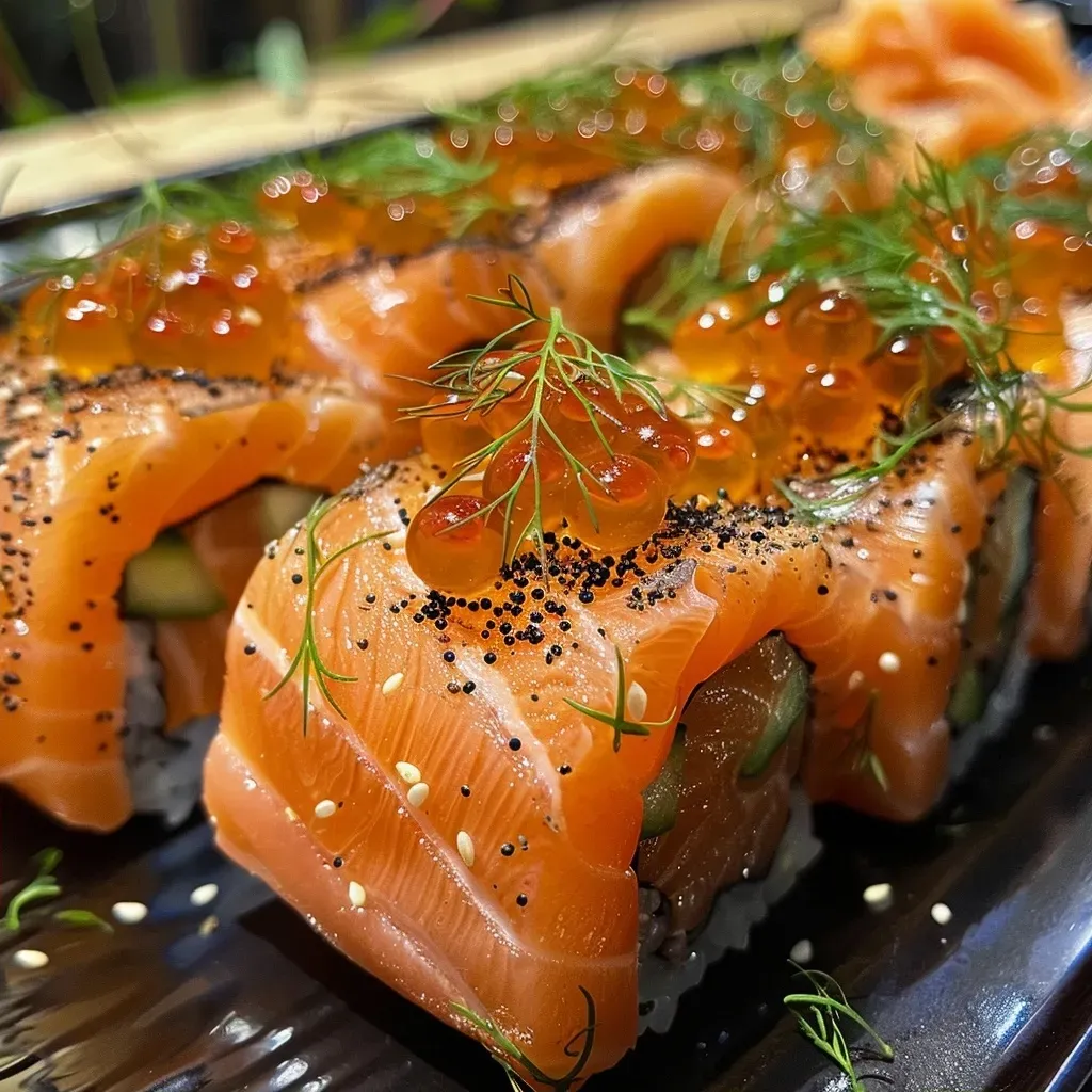 Detalle de rollitos de salmón con queso crema y hierbas frescas.