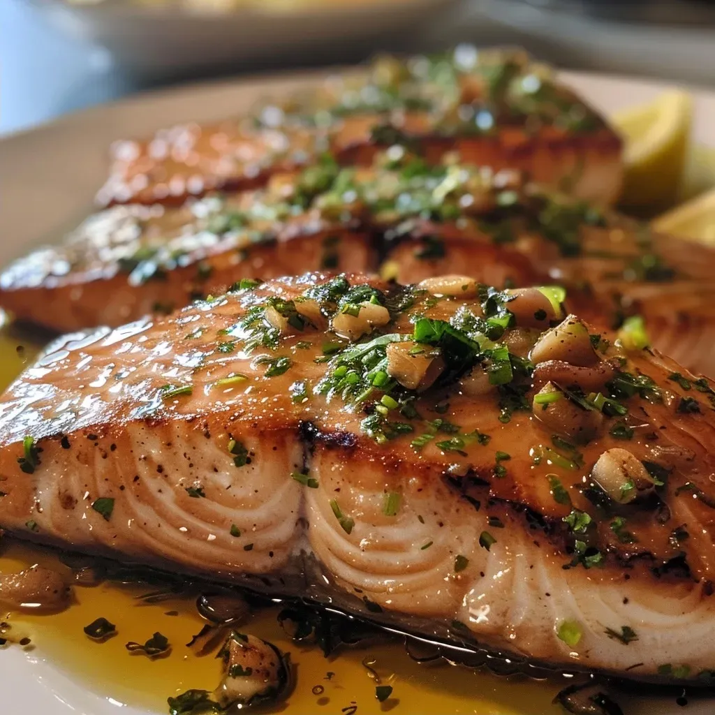 Primer plano de un plato de salmón cubierto con salsa de jengibre y limón.