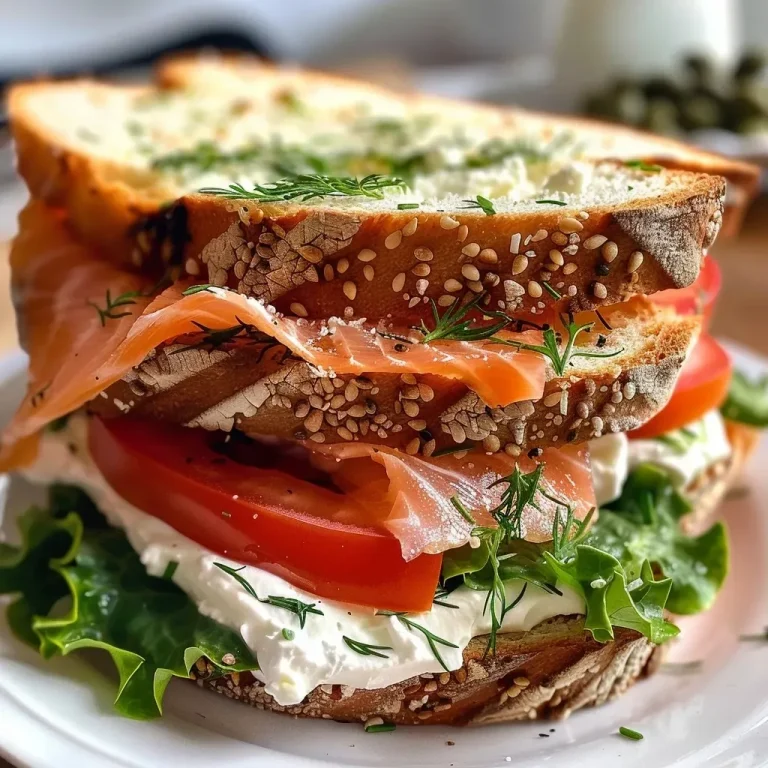 Sándwich club de salmón ahumado con ingredientes frescos.