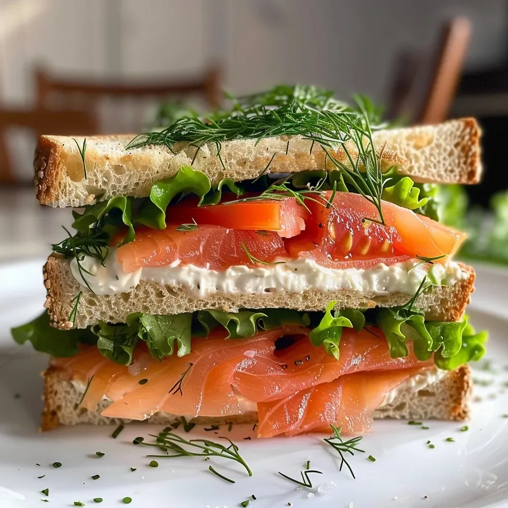 Primer plano de un sándwich de salmón ahumado en una mesa.