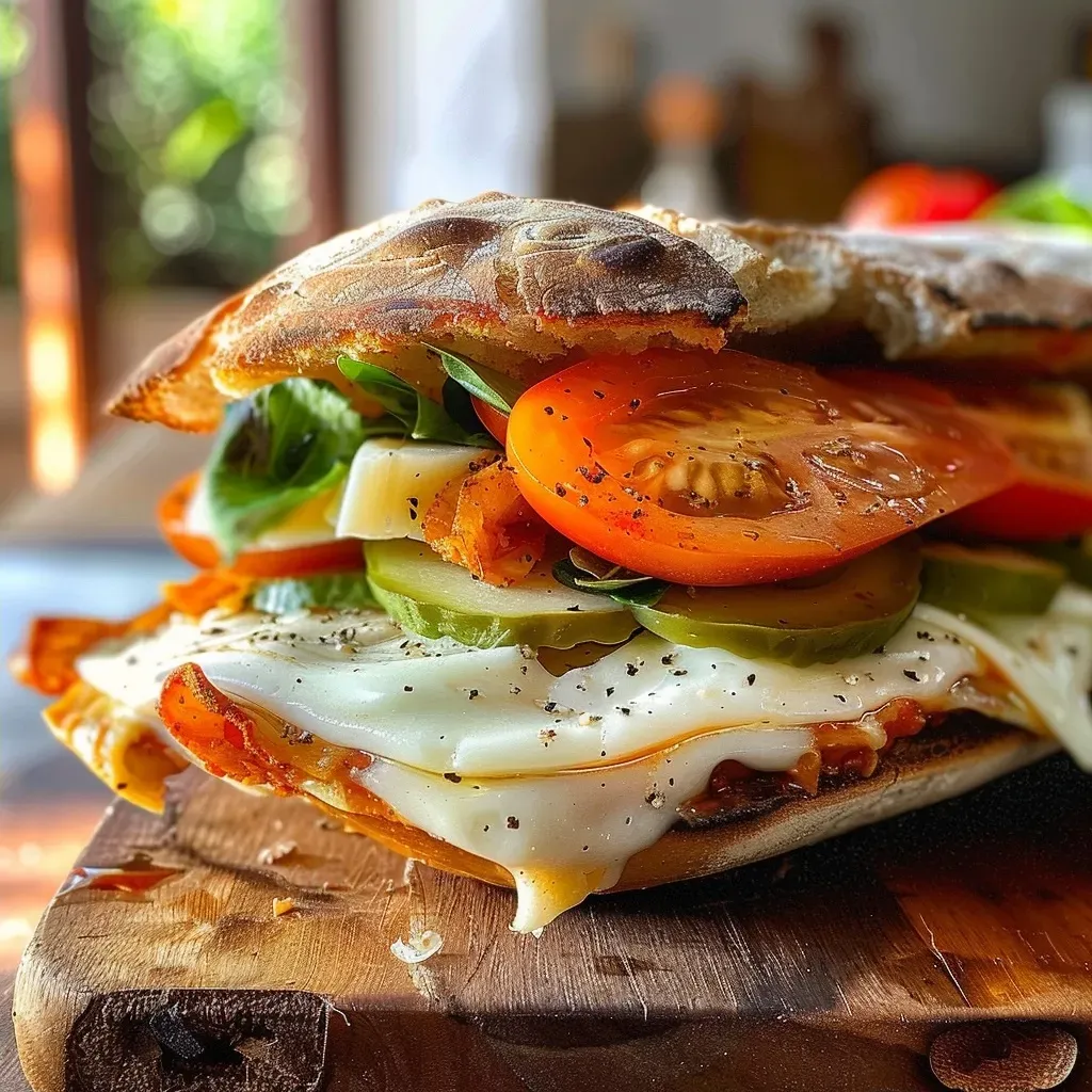 Vista lateral de un sándwich de calabacín con mozzarella y aguacate.