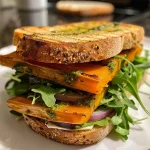 Sándwich de calabaza asada y mozzarella vegana con arúgula y pesto.