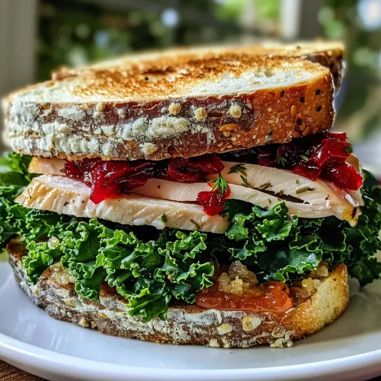 Sándwich de pavo con arándano y kale sobre pan de masa madre.