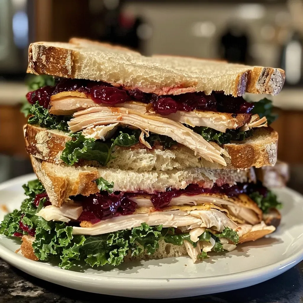 Close up de un sándwich de pavo, arándano y kale en pan de sourdough.