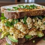 Sándwich vegano de ensalada de coliflor con ingredientes frescos.