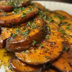 Setas al ajillo en un plato, con ajos y perejil fresco.