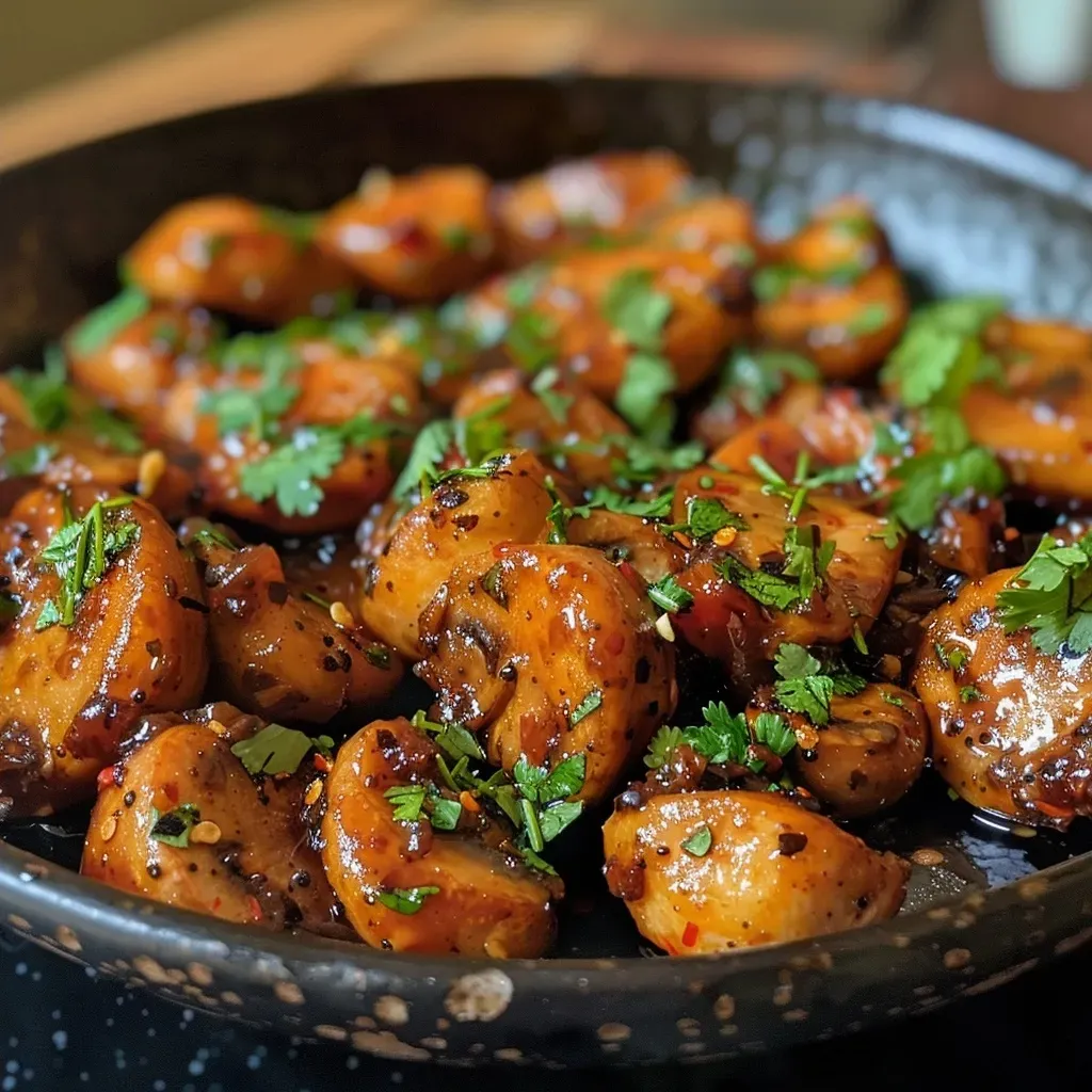 Primer plano de champiñones cocinados al ajo y salsa picante.