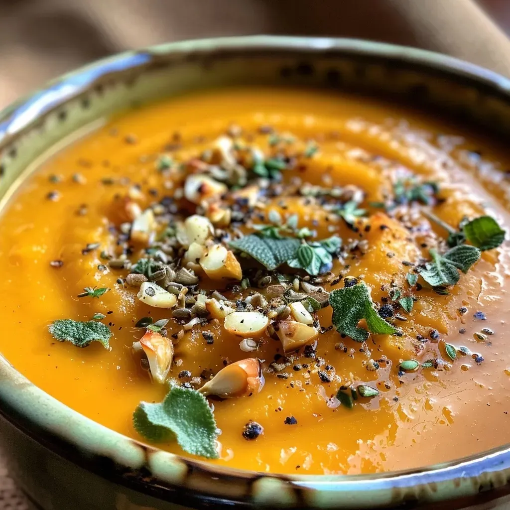 Primer plano de sopa de calabaza con ingredientes visibles.