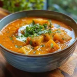 Sopa de calabaza asada servida en un tazón.