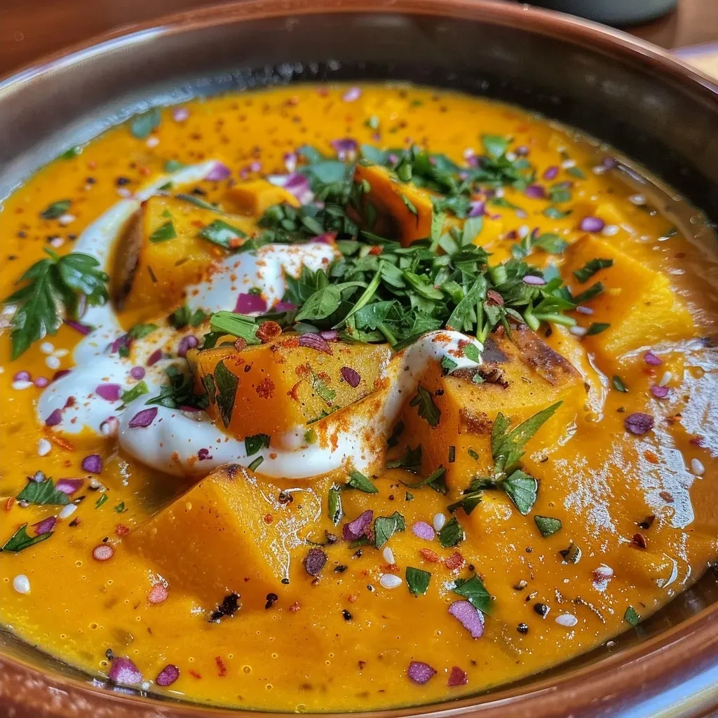 Primer plano de una deliciosa sopa de calabaza asada.