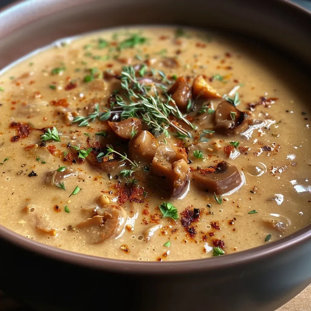 Primer plano de una sopa cremosa de castañas asadas decorada con tomillo.