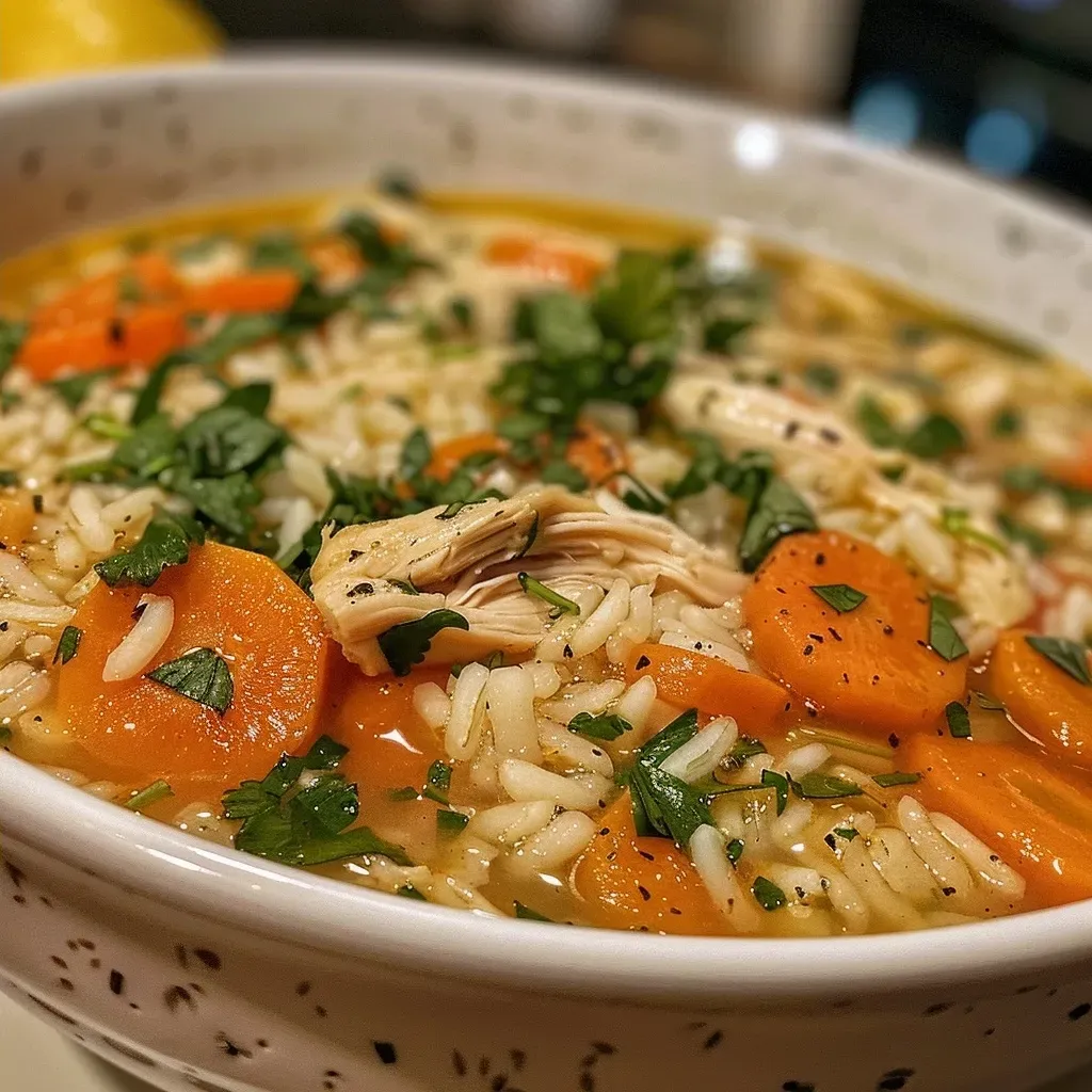 Primer plano de sopa de pollo con arroz y hierbas.