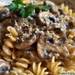 Stroganoff vegano de champiñones en un plato, con pasta y salsa cremosa.