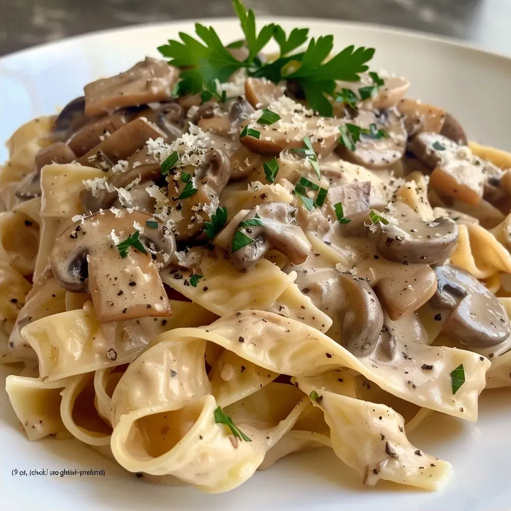 Primer plano de Stroganoff vegano de champiñones con ingredientes frescos alrededor.