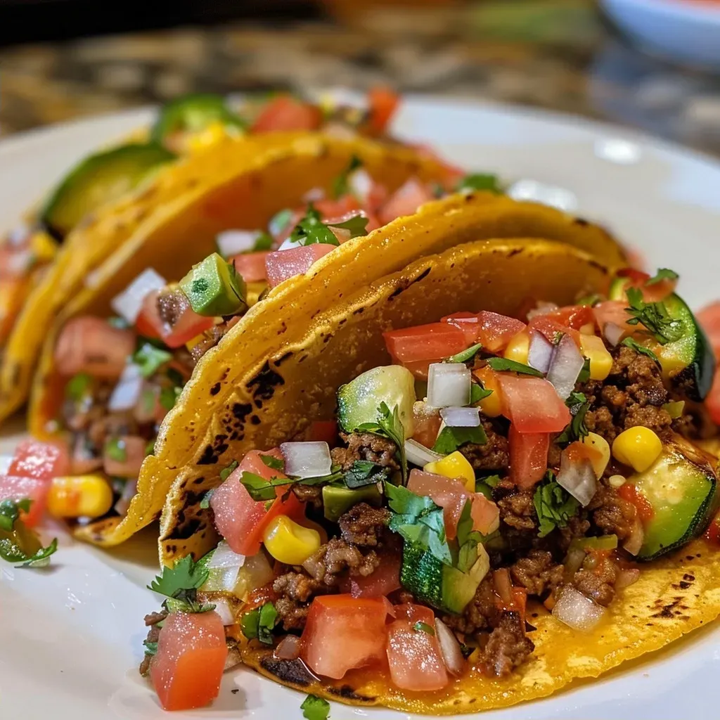 Primer plano de tacos de calabacita servidos en un plato.