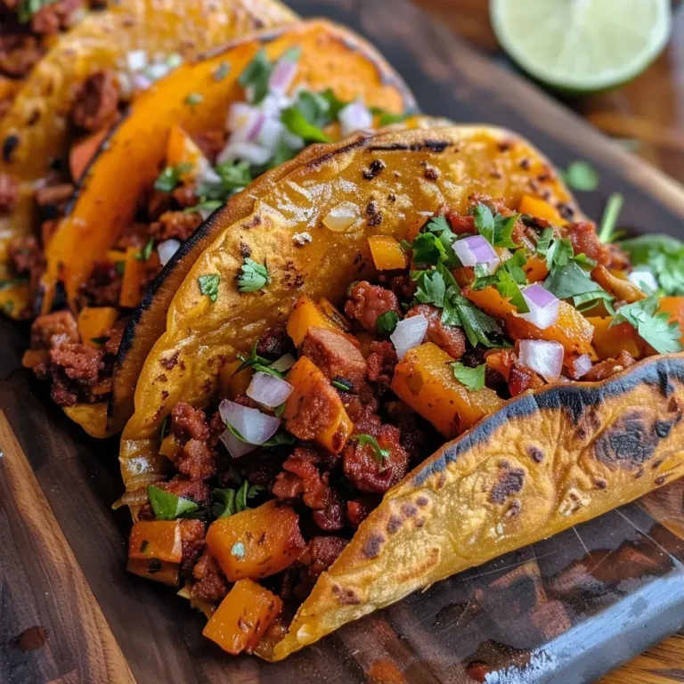 Tacos multicolores con chorizo, calabaza asada y aguacate.