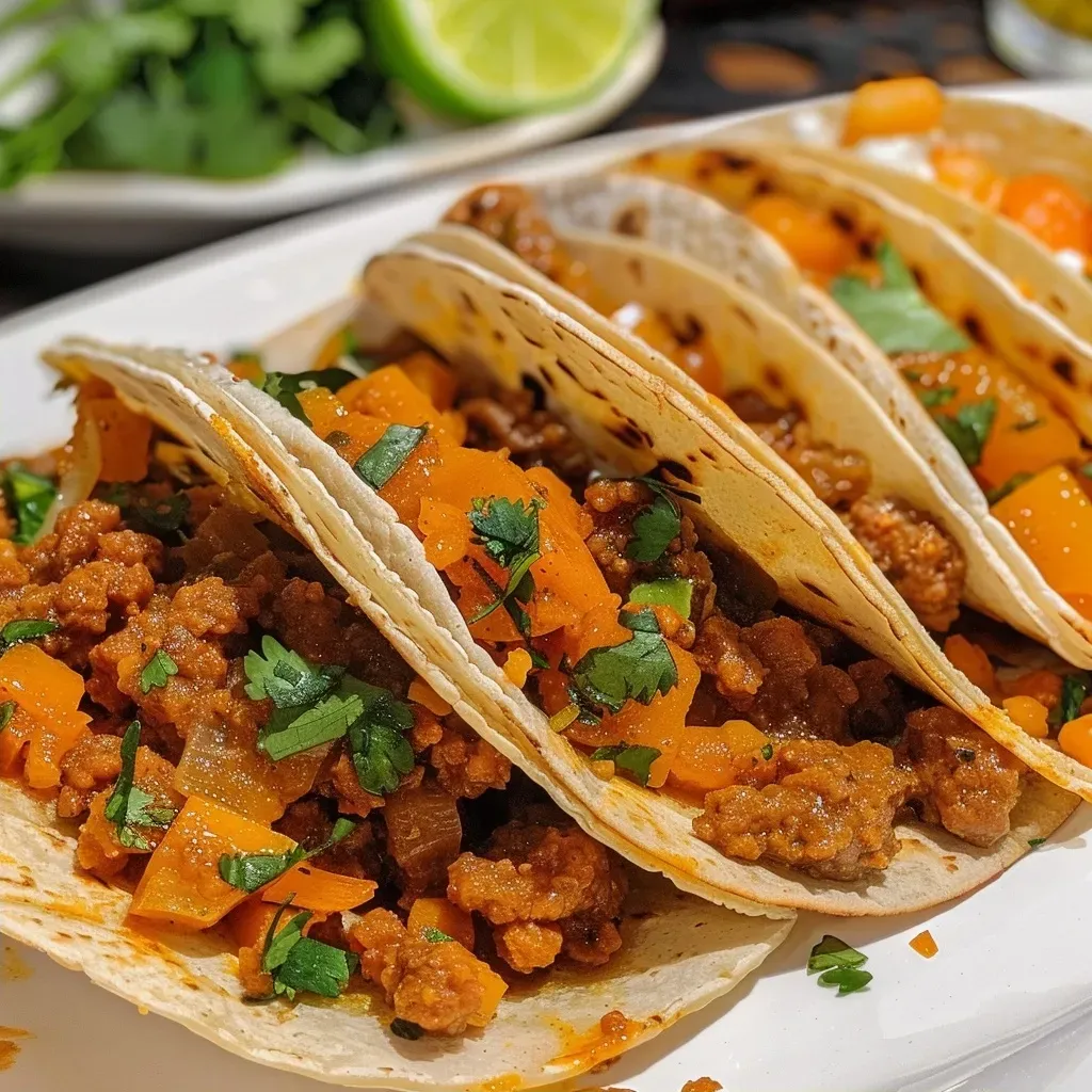 Primer plano de tacos con chorizo y calabaza en tortillas de maíz.