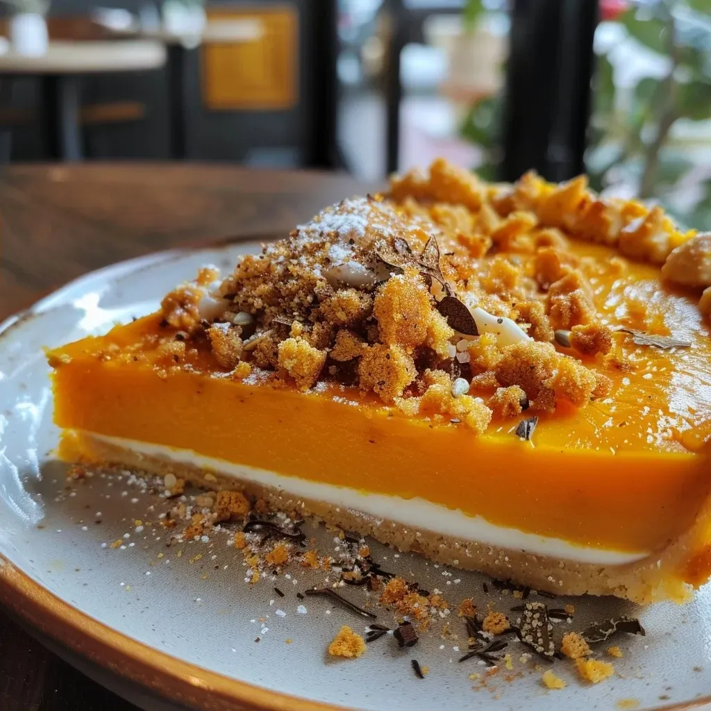 Primer plano de una tarta de calabaza, destacando su color y forma.
