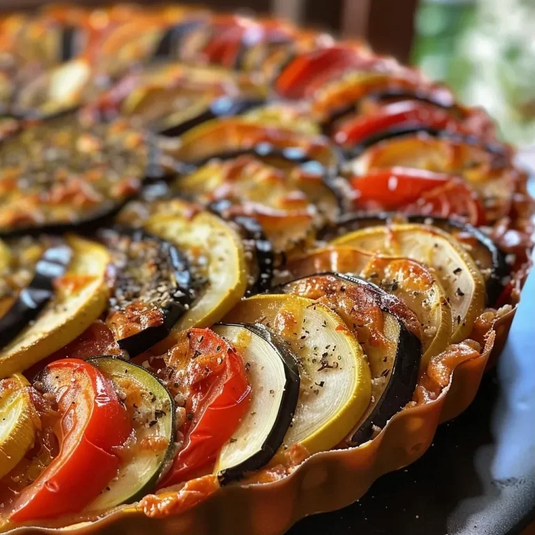 Tarta de vegetales asados presentada en un plato.
