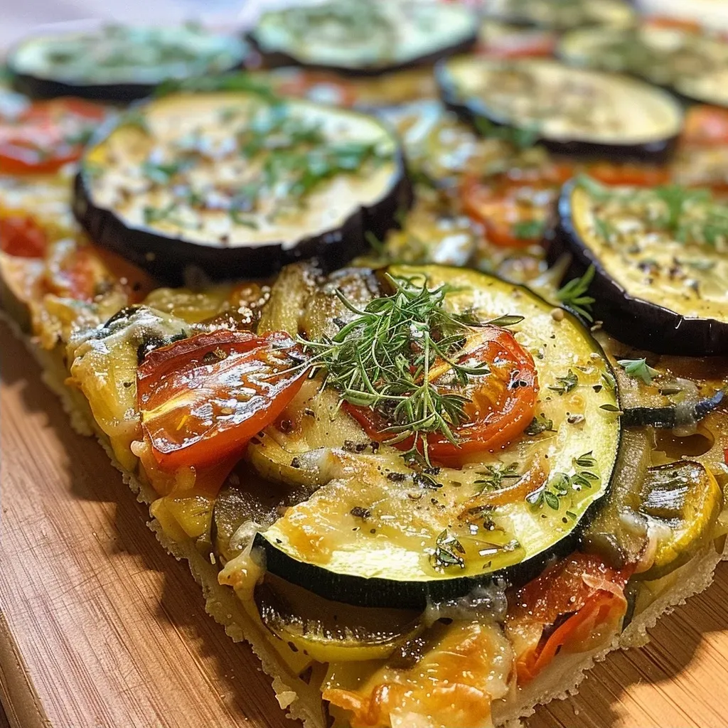 Primer plano de una porción de Tarta de vegetales asados.